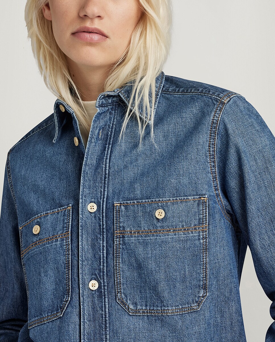 Camisa de ganga de senhora Azul-5