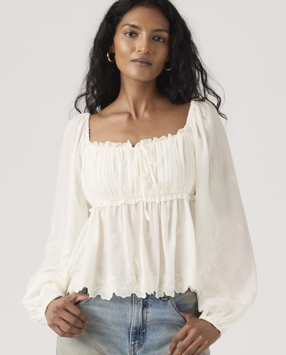 Blusa de Manga Comprida e Decote Quadrado Creme-4