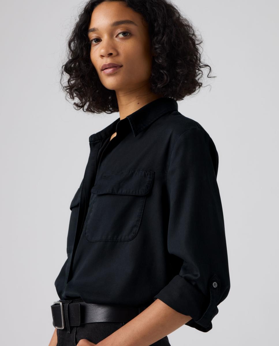 Camisa de mulher com manga comprida Preto-3