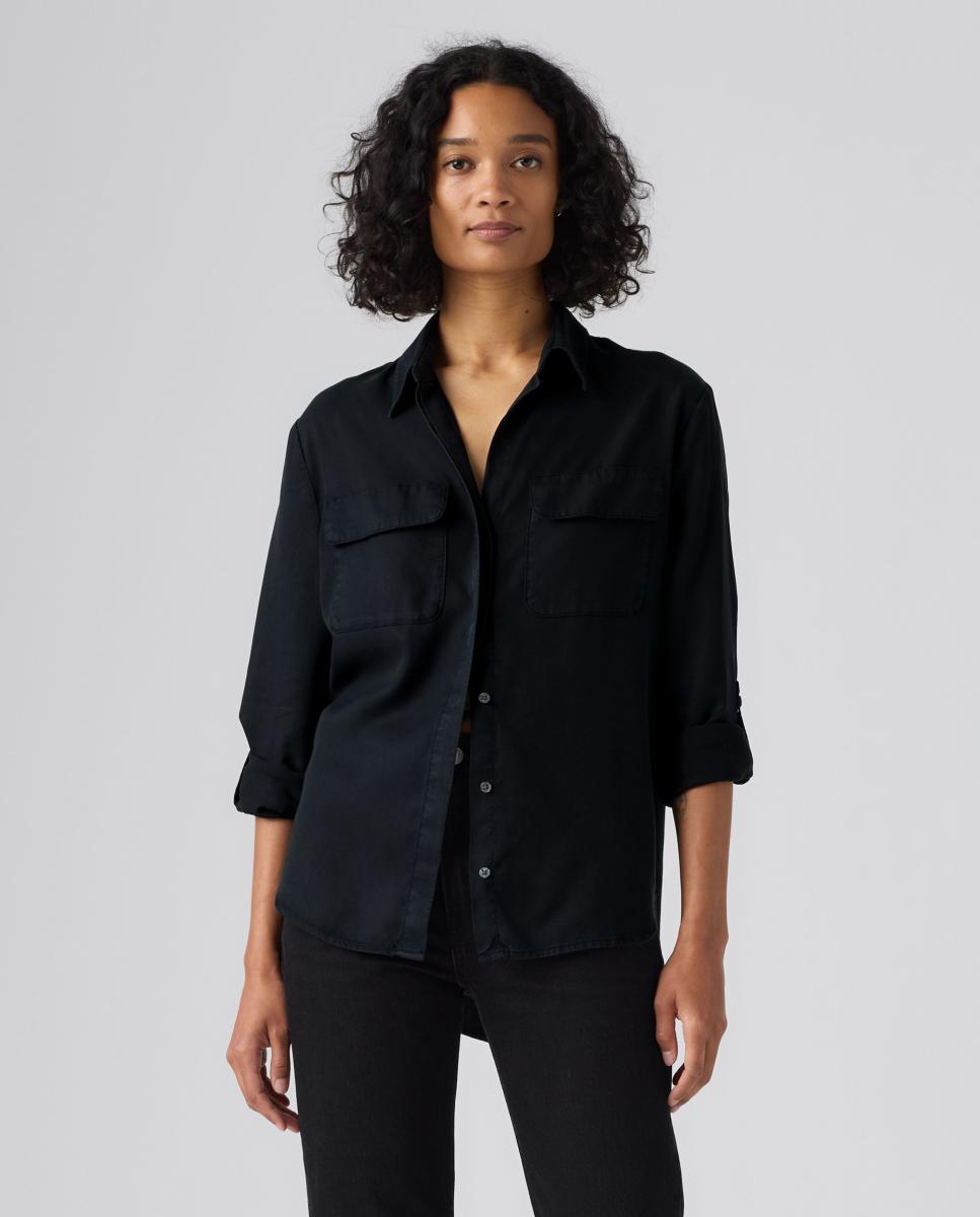 Camisa de mulher com manga comprida Preto-4