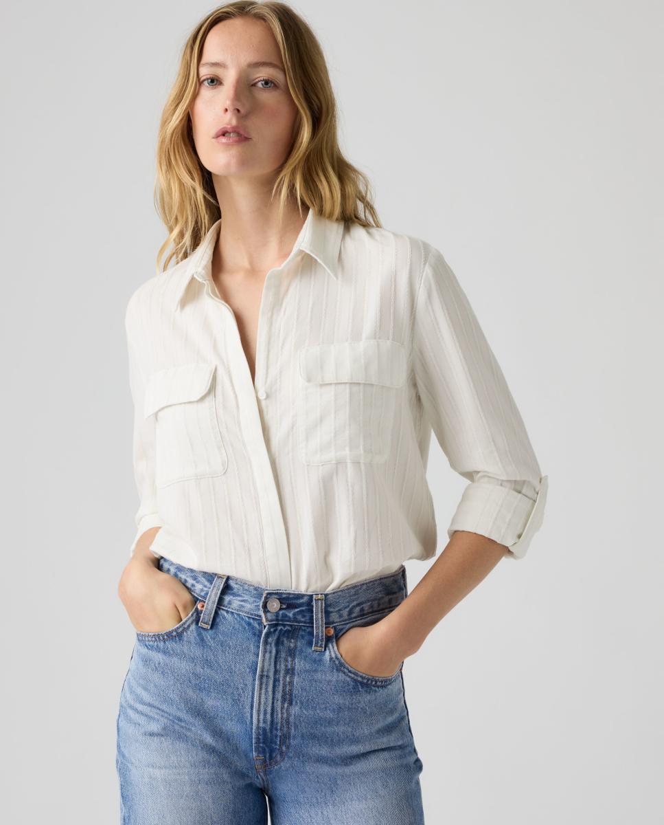 Camisa de mulher com manga comprida Branco-4