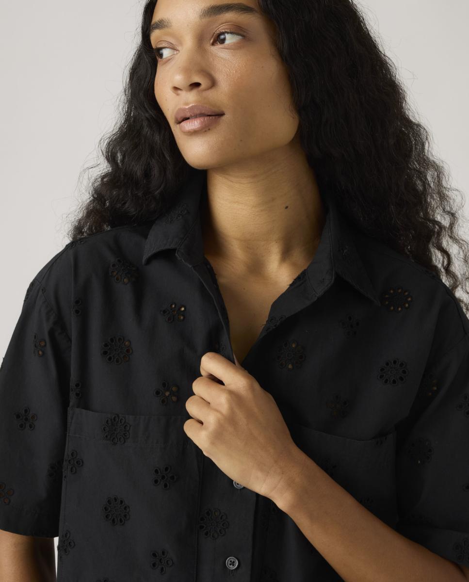 Camisa de mulher com manga curta Preto-3