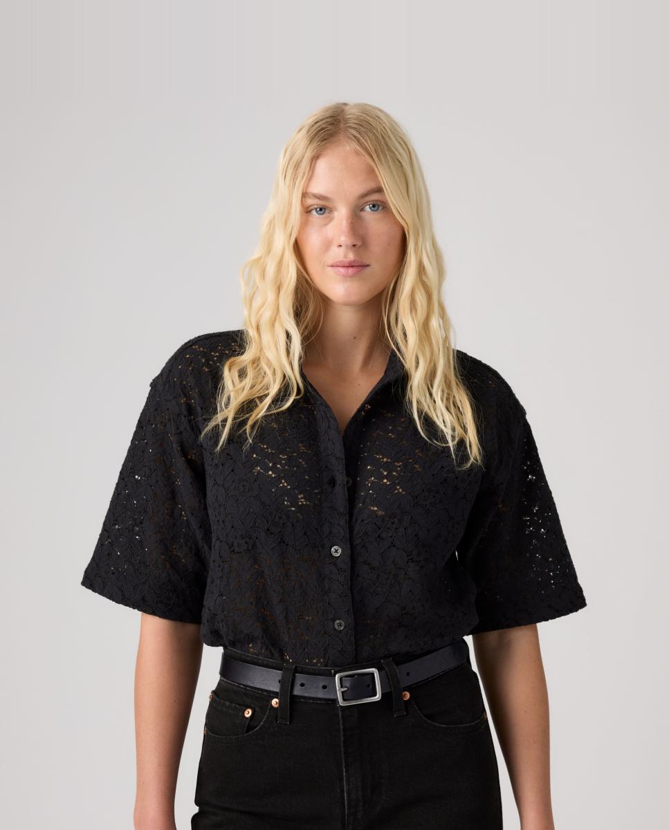 Camisa de mulher com manga curta Preto-4