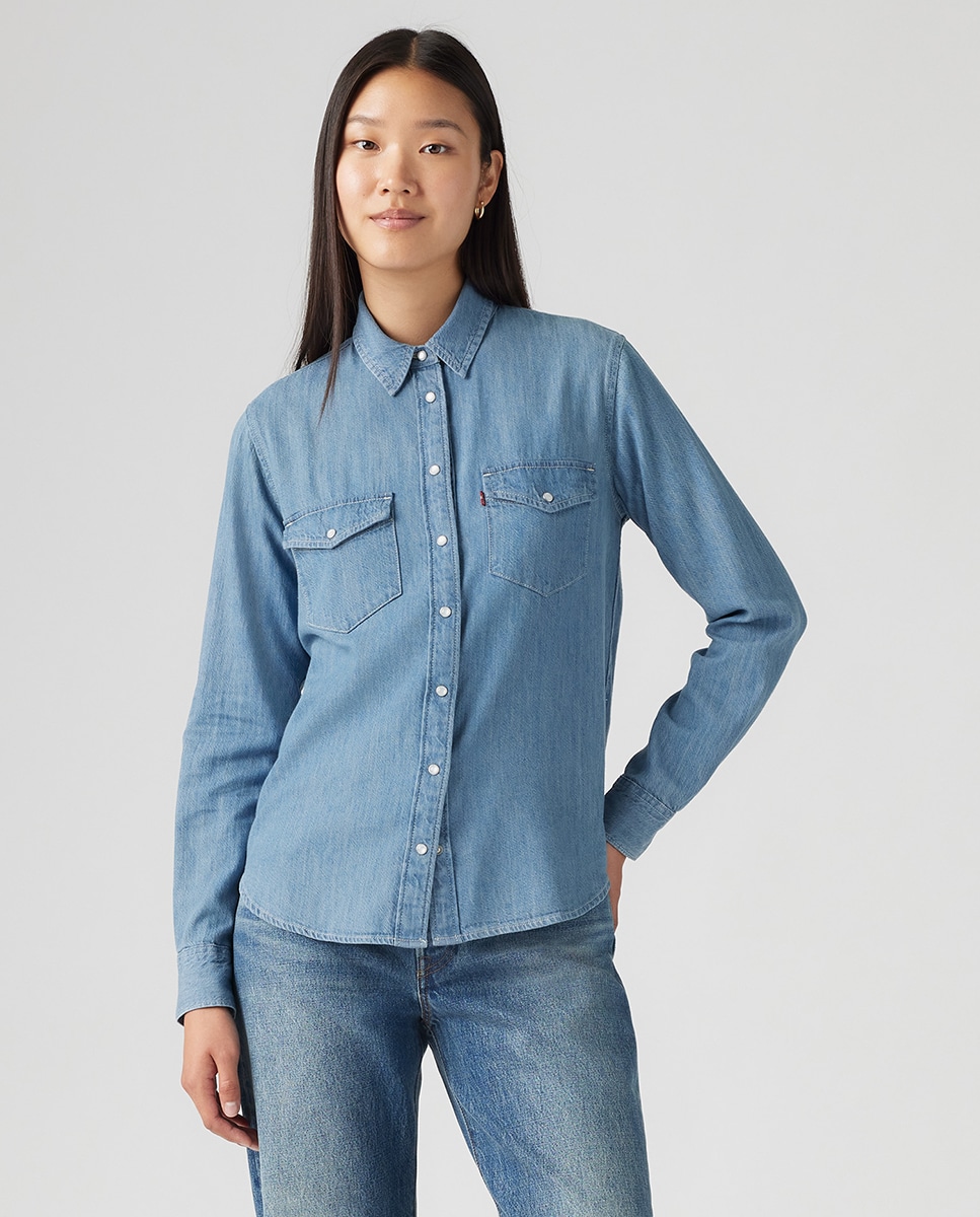 Camisa de Ganga de Manga Comprida com Toque de Linho Azul-1