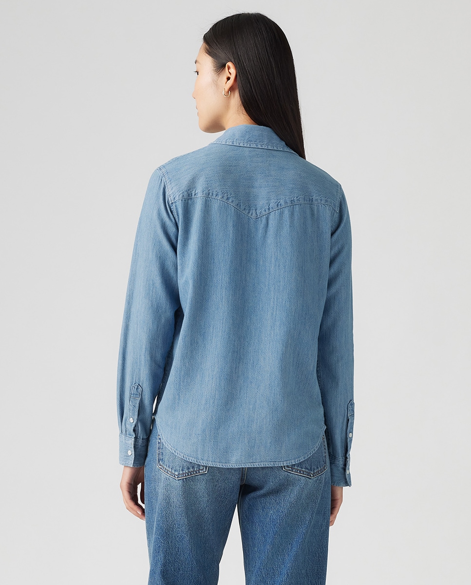 Camisa de Ganga de Manga Comprida com Toque de Linho Azul-2