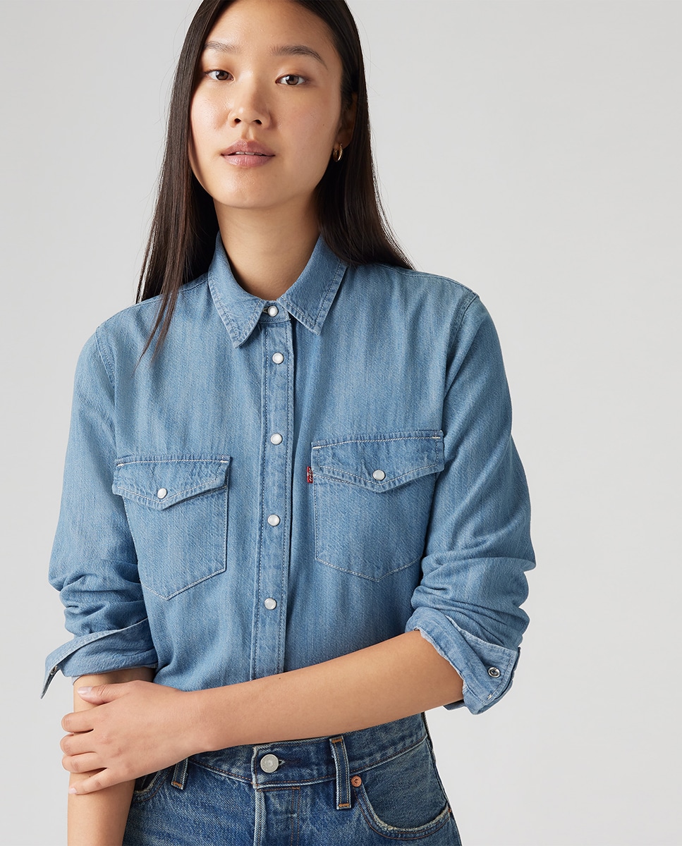 Camisa de Ganga de Manga Comprida com Toque de Linho Azul-3