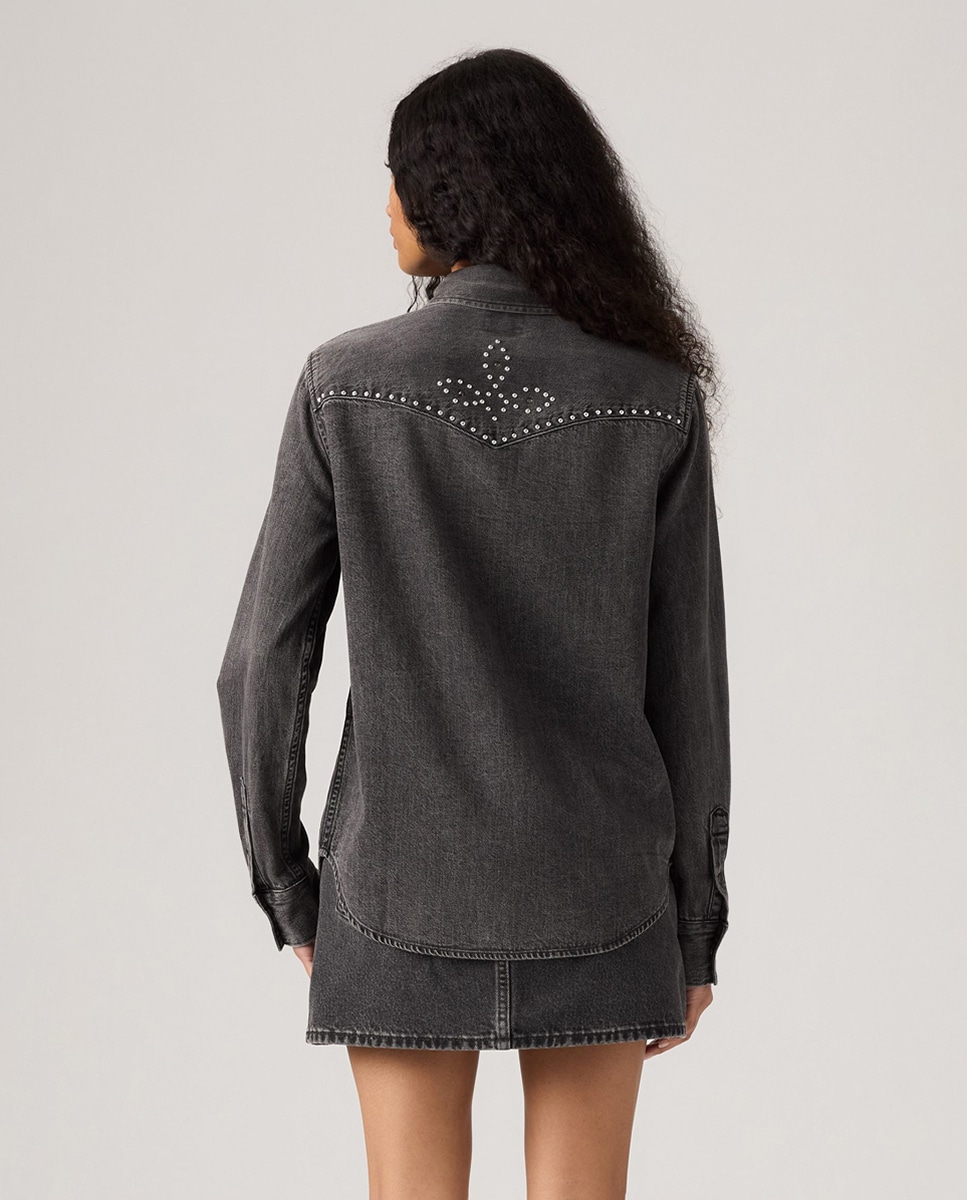 Camisa de ganga com manga comprida Preto-2