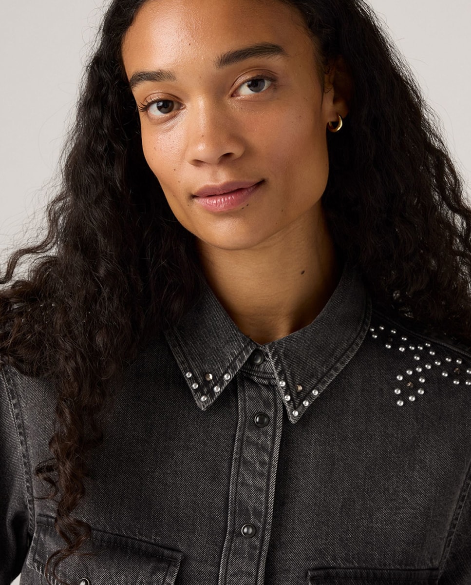 Camisa de ganga com manga comprida Preto-3