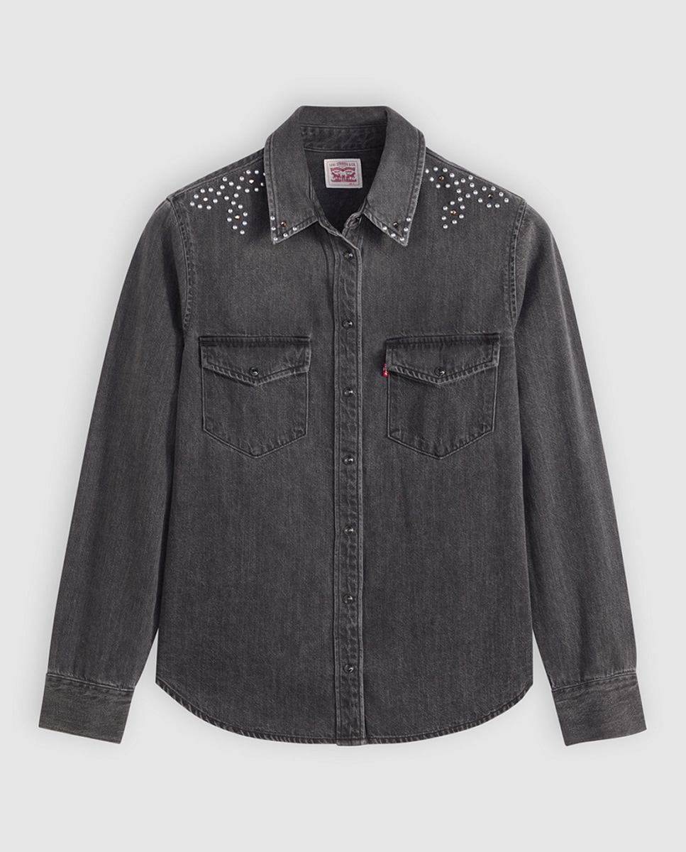 Camisa de ganga com manga comprida Preto-5