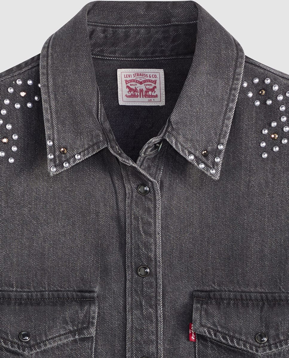 Camisa de ganga com manga comprida Preto-6