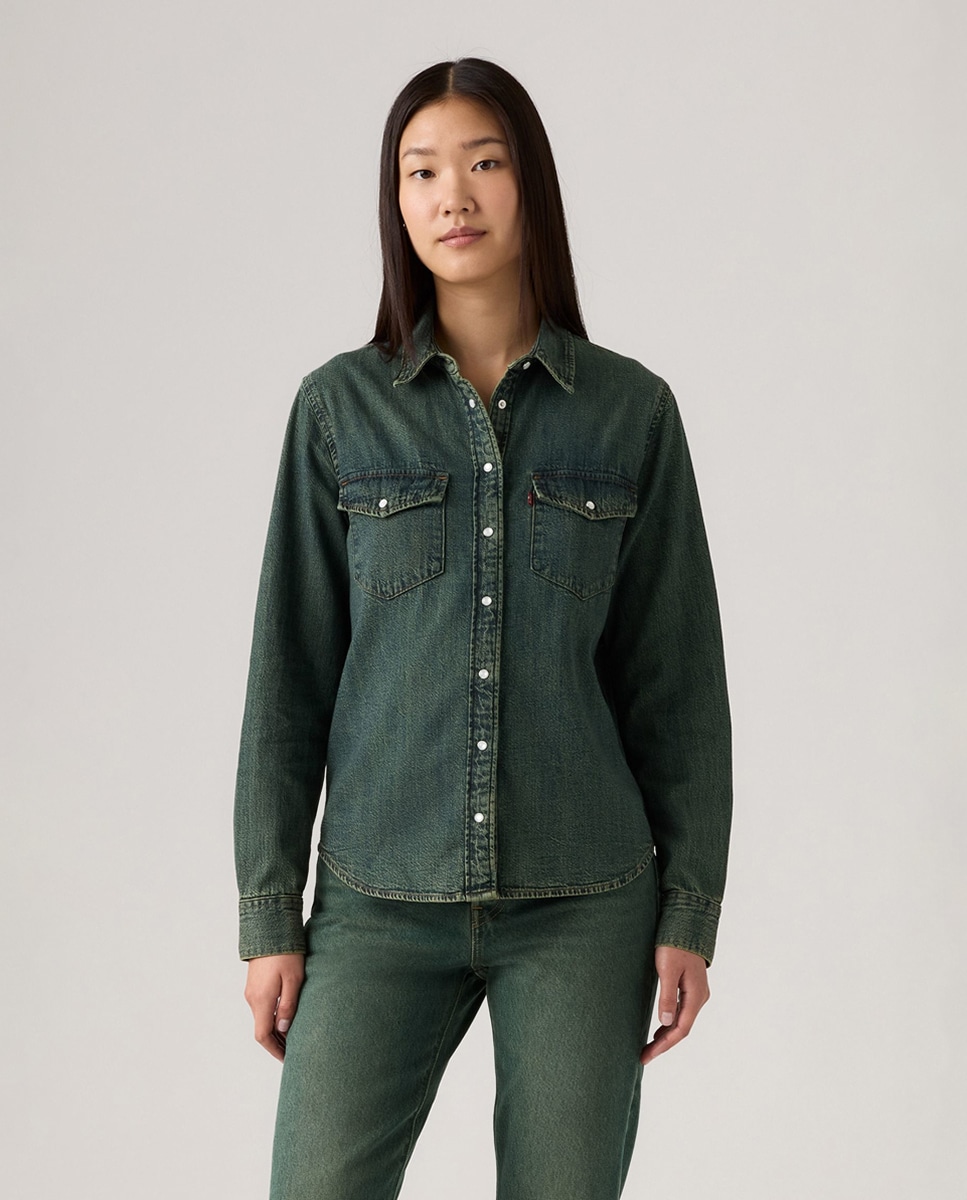 Camisa de ganga com manga comprida Azul-1