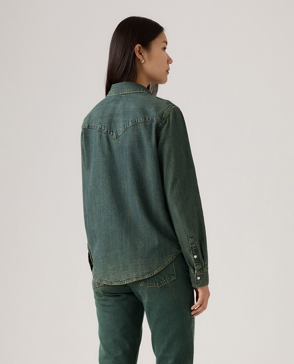 Camisa de ganga com manga comprida Azul-2