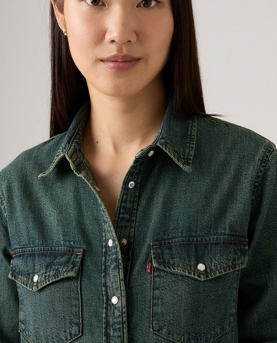 Camisa de ganga com manga comprida Azul-3