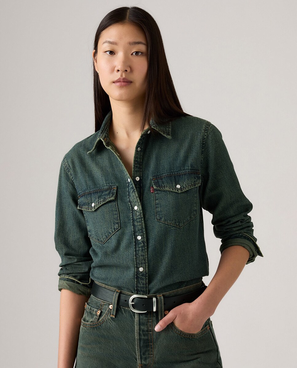 Camisa de ganga com manga comprida Azul-4