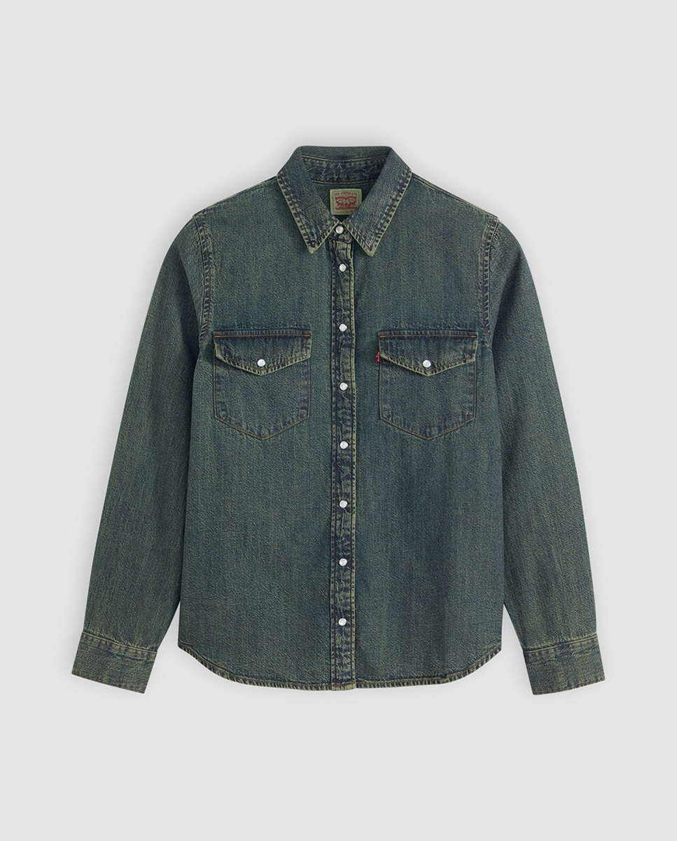 Camisa de ganga com manga comprida Azul-5