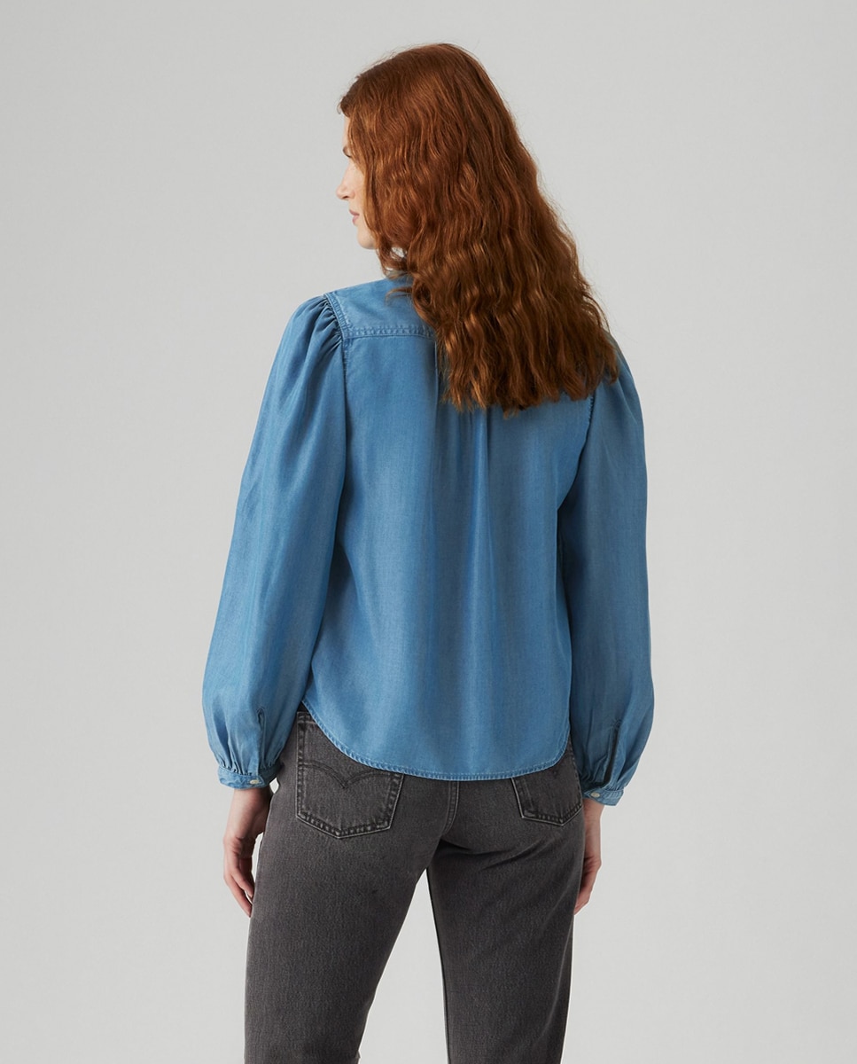 Camisa de ganga com manga comprida Azul-2