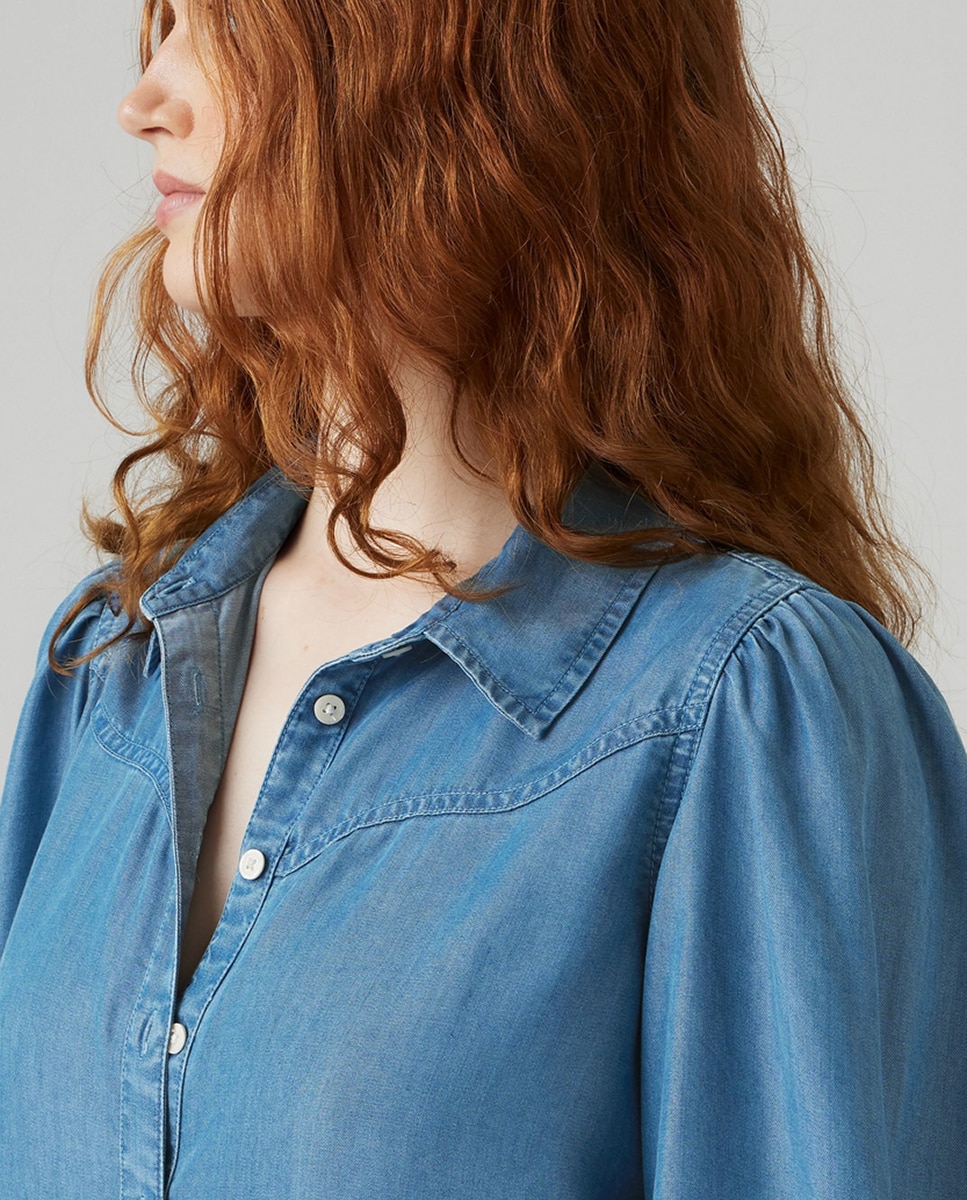 Camisa de ganga com manga comprida Azul-3