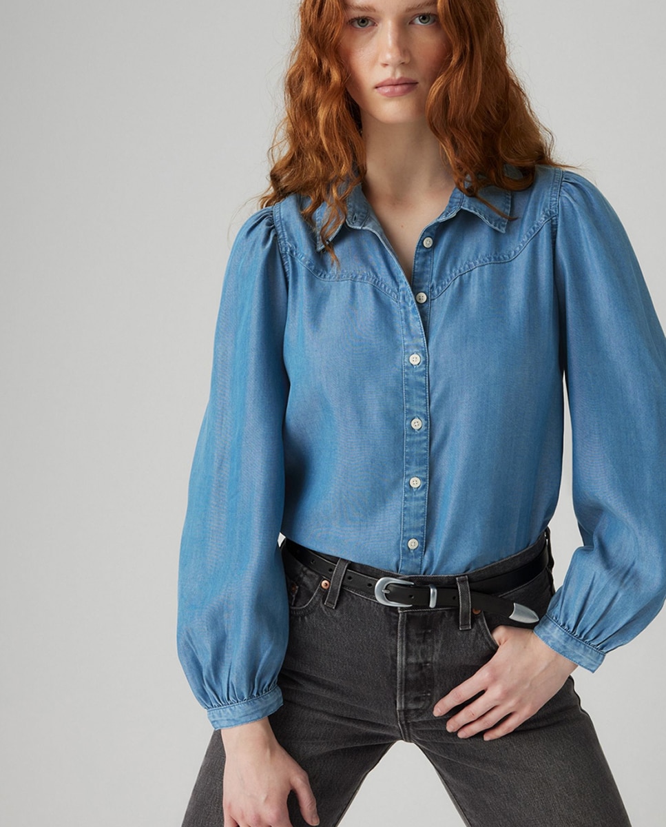 Camisa de ganga com manga comprida Azul-4