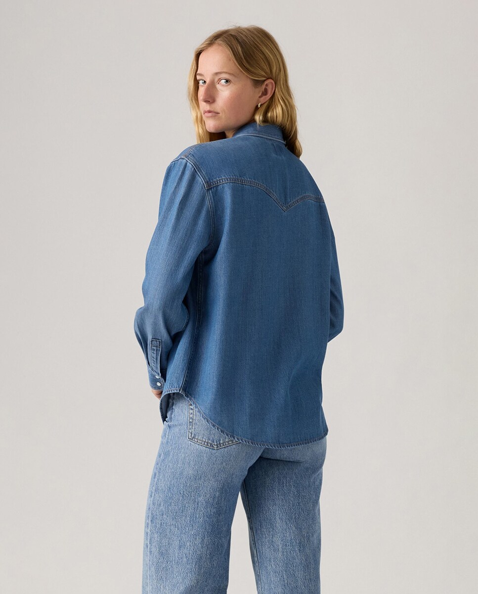 Camisa de ganga com manga comprida Azul-2