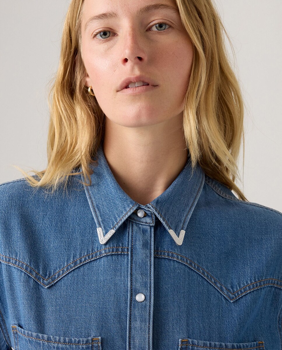 Camisa de ganga com manga comprida Azul-3