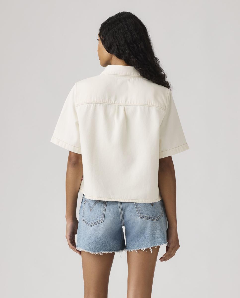 Camisa de Ganga Cropped com Manga Curta Creme-2