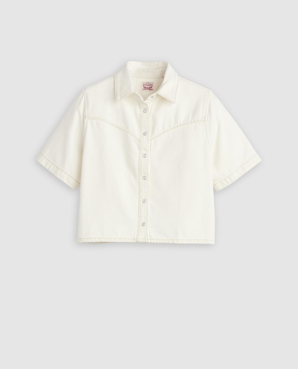 Camisa de Ganga Cropped com Manga Curta Creme-5