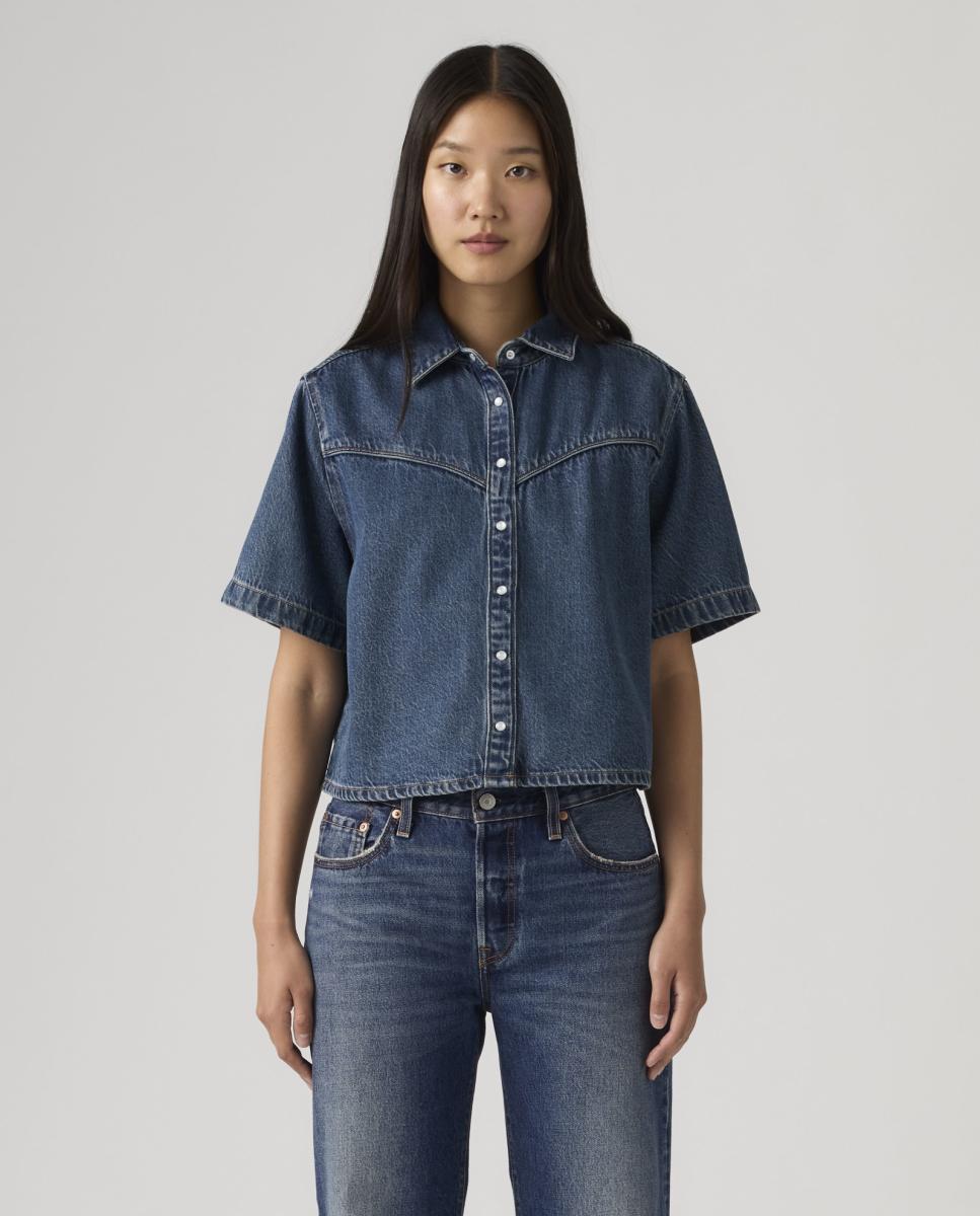 Imagem 0 de Camisa de Ganga Cropped com Manga Curta