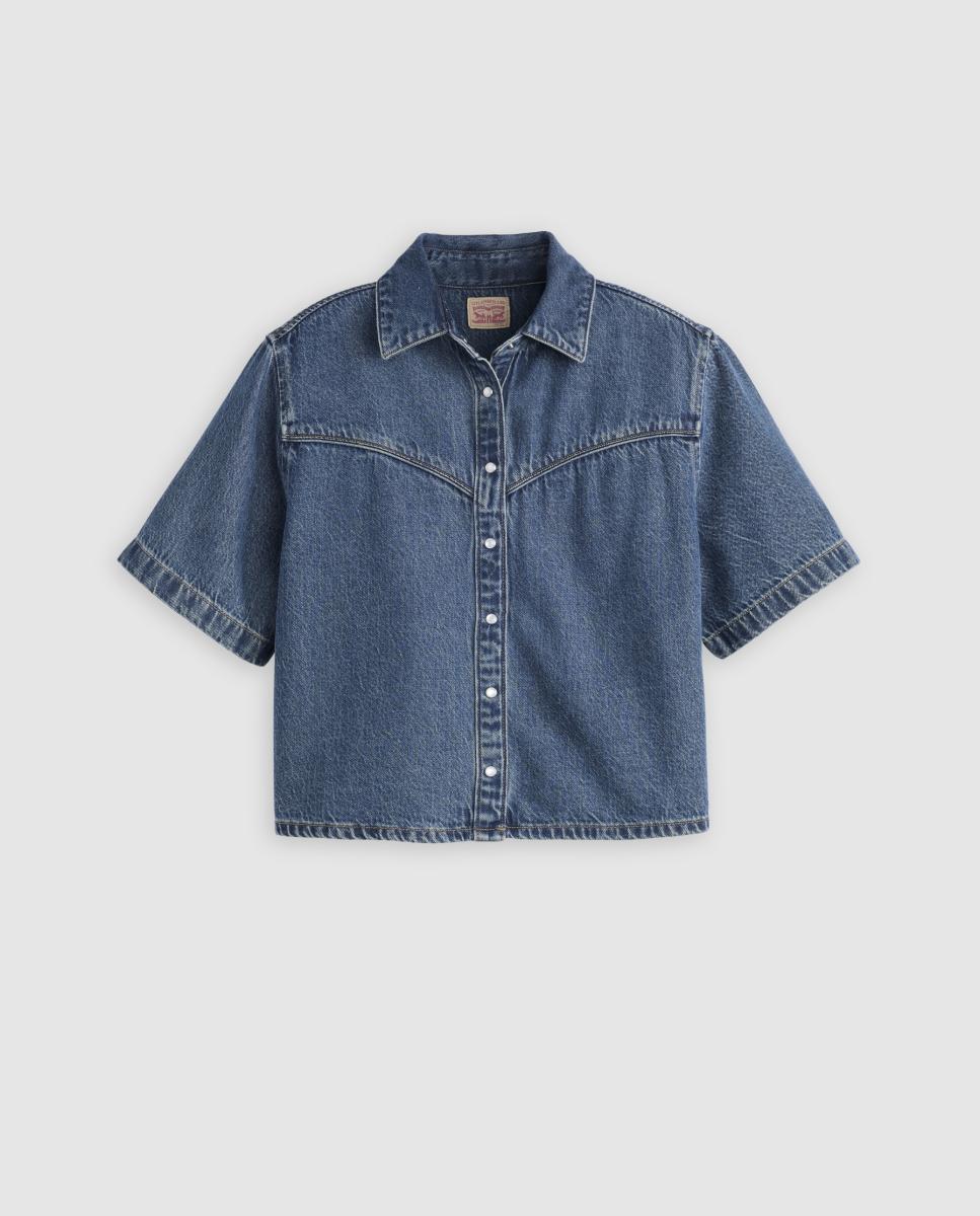 Camisa de Ganga Cropped com Manga Curta Azul-índigo-5