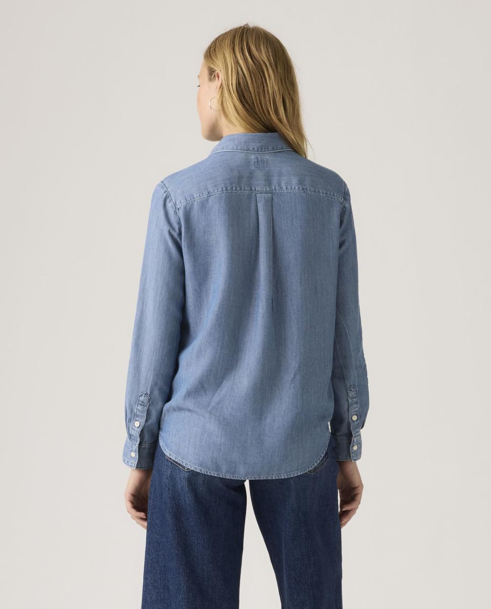 Camisa de ganga com manga comprida Azul-2