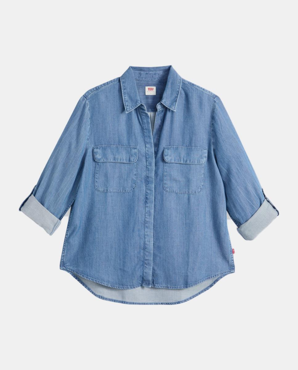 Camisa de ganga com manga comprida Azul-5