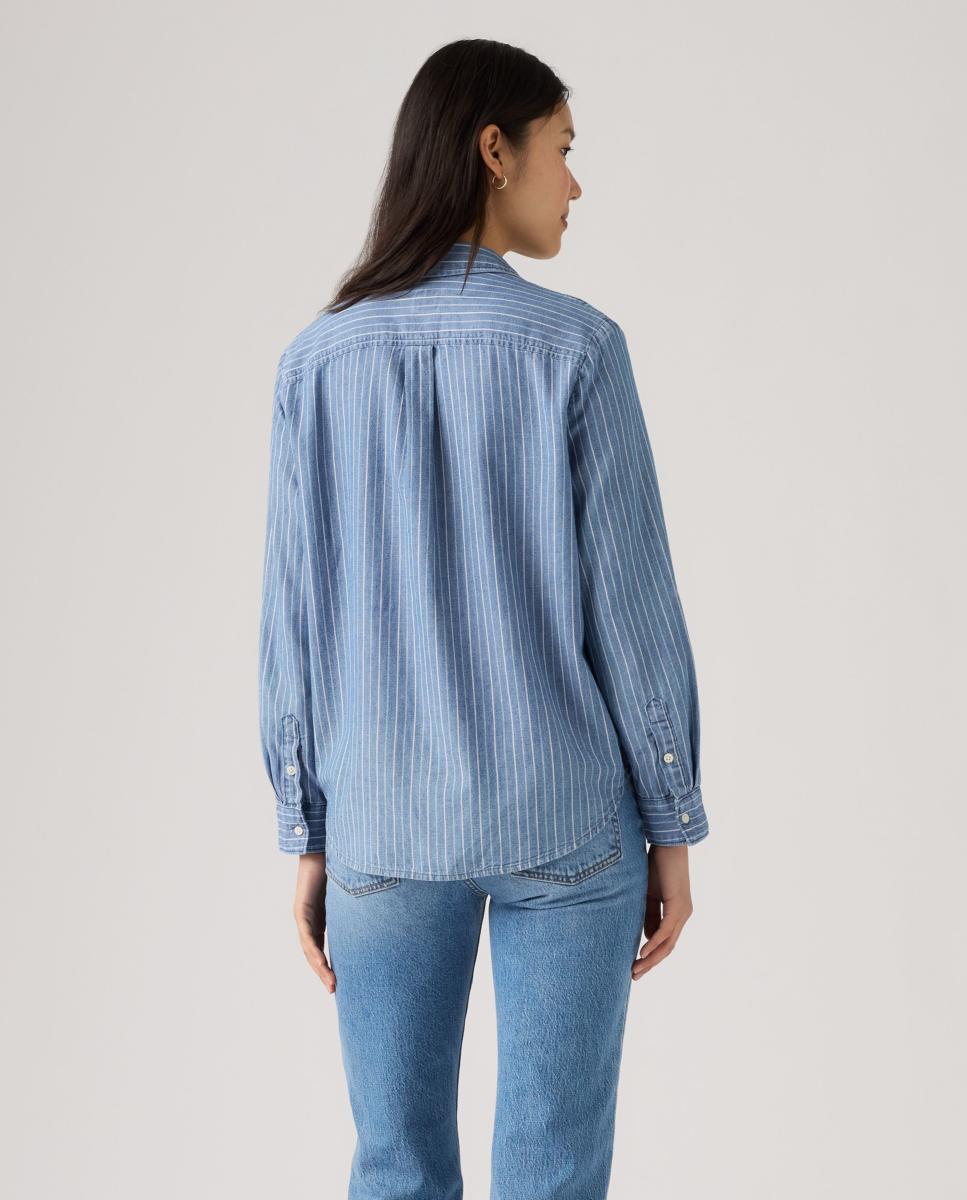 Camisa de ganga com manga comprida Azul-2