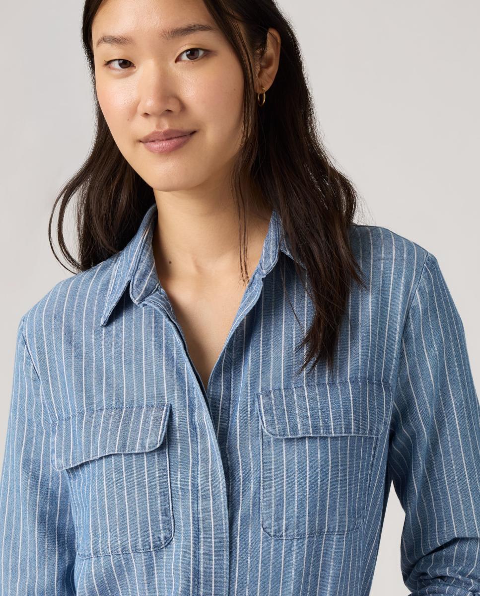 Camisa de ganga com manga comprida Azul-3