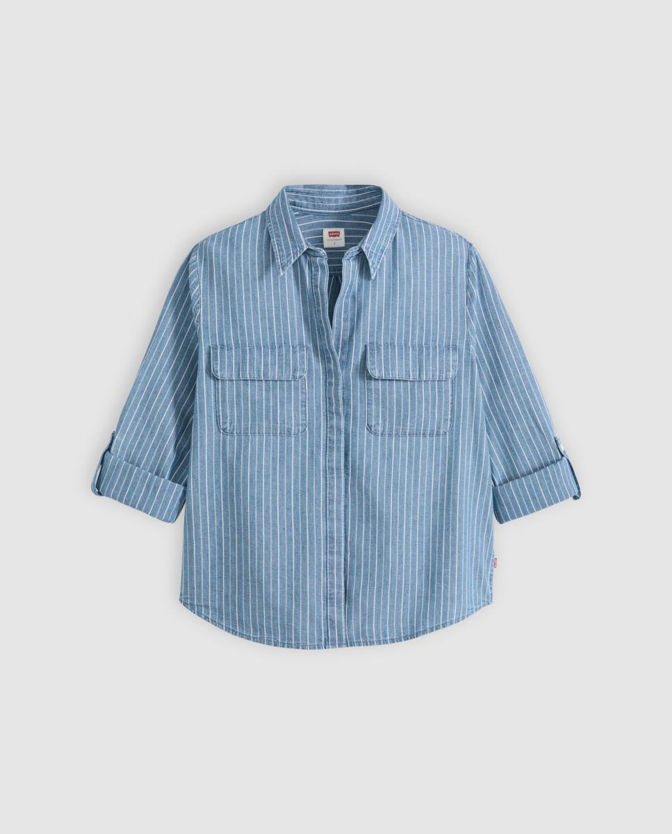 Camisa de ganga com manga comprida Azul-5
