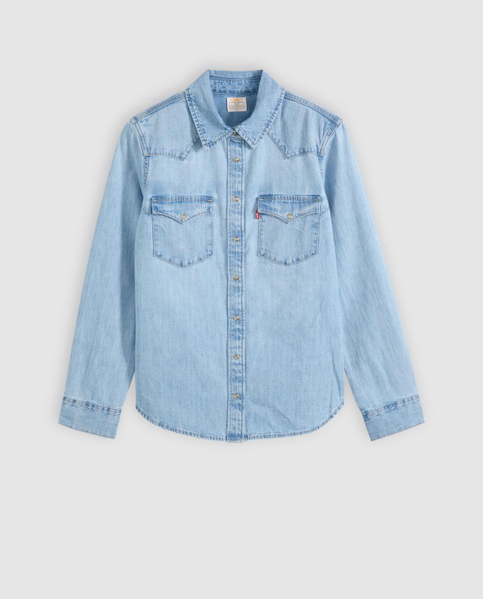 Camisa de ganga com manga comprida Azul-claro-5