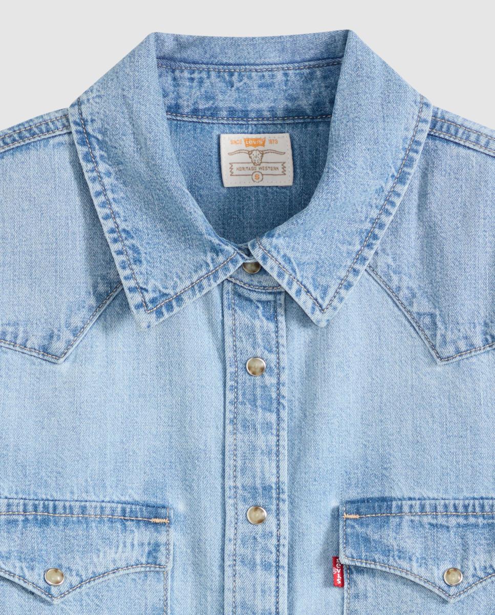 Camisa de ganga com manga comprida Azul-claro-6