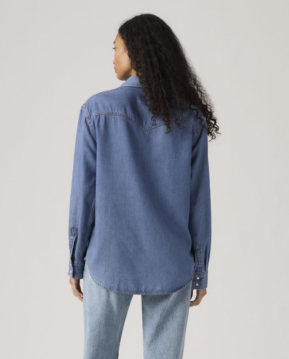 Camisa de ganga com manga comprida Azul-2