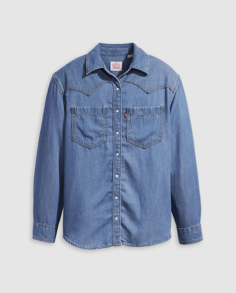 Camisa de ganga com manga comprida Azul-5