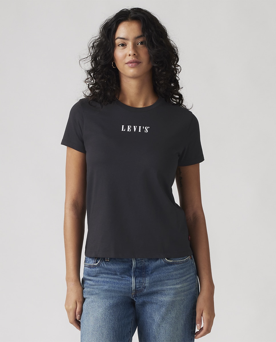 T-shirt de mulher com manga curta e decote redondo Preto-1