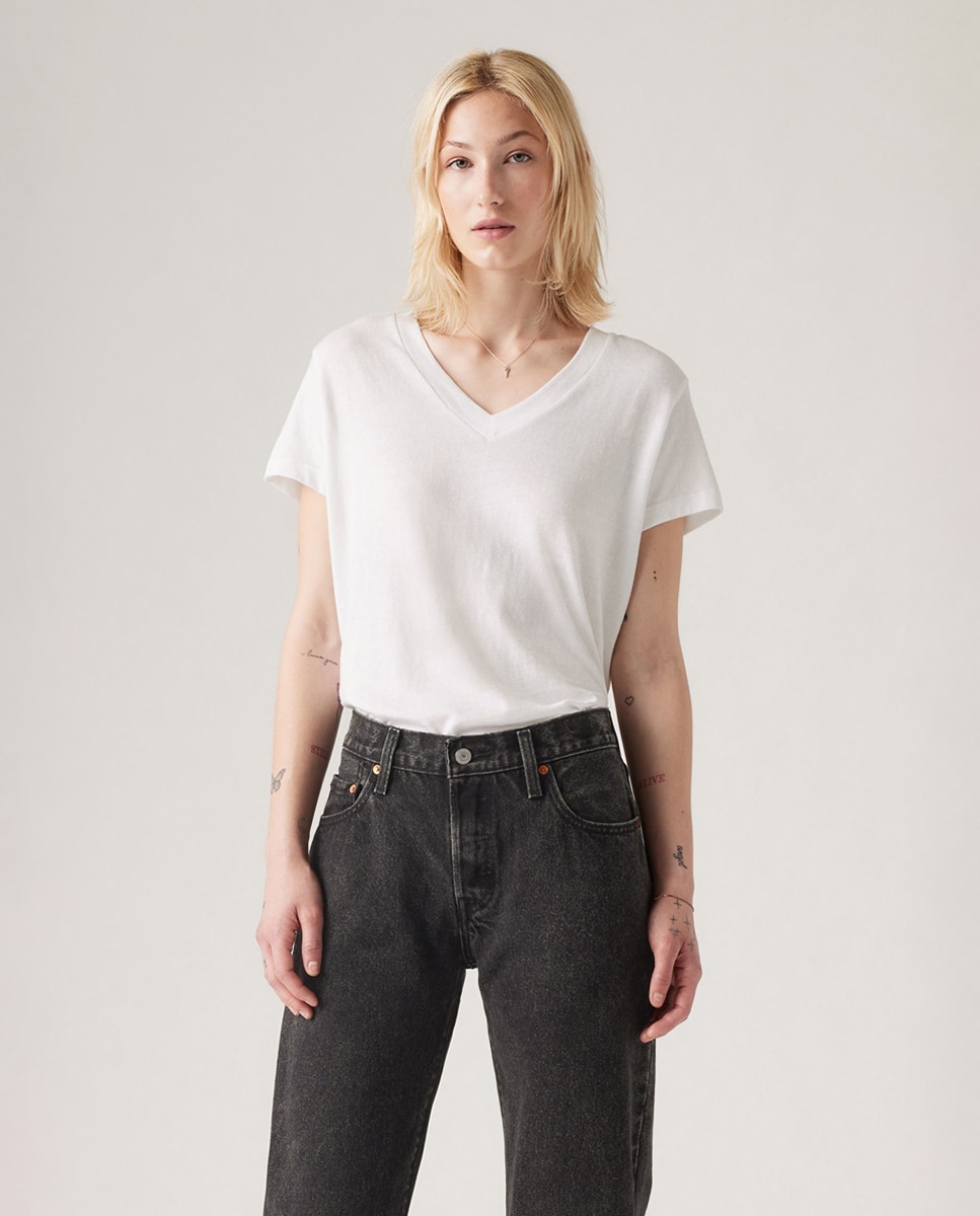T-shirt de mulher com manga curta e decote em bico Branco-1
