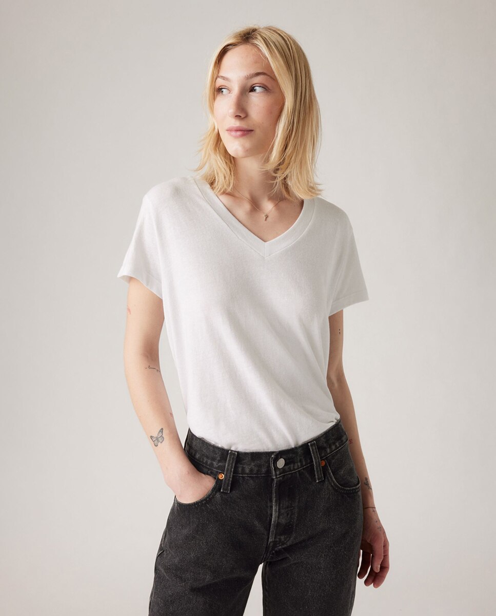 T-shirt de mulher com manga curta e decote em bico Branco-4