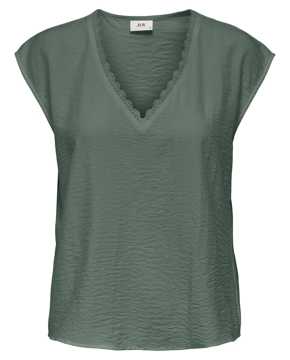 T-shirt de mulher com manga curta e decote em bico Verde-3