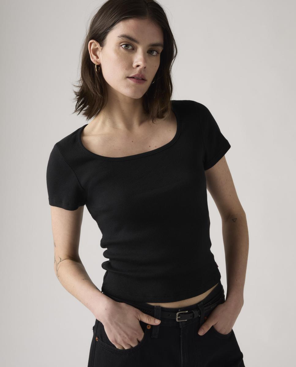 T-shirt de Manga Curta e Decote Quadrado Preto-4