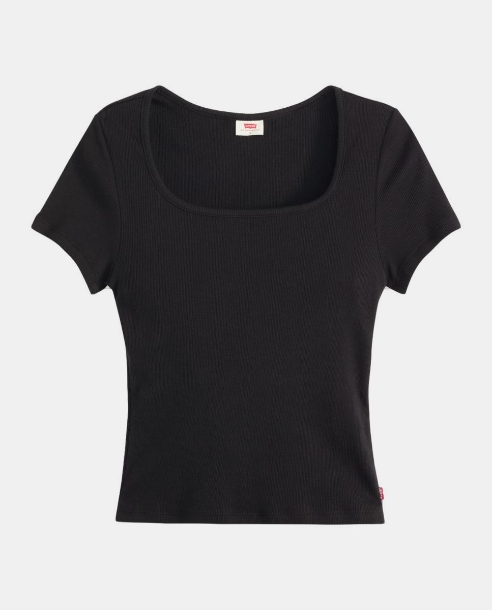 T-shirt de Manga Curta e Decote Quadrado Preto-5