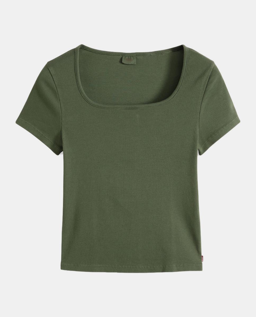 T-shirt de Manga Curta e Decote Quadrado Verde-militar-5