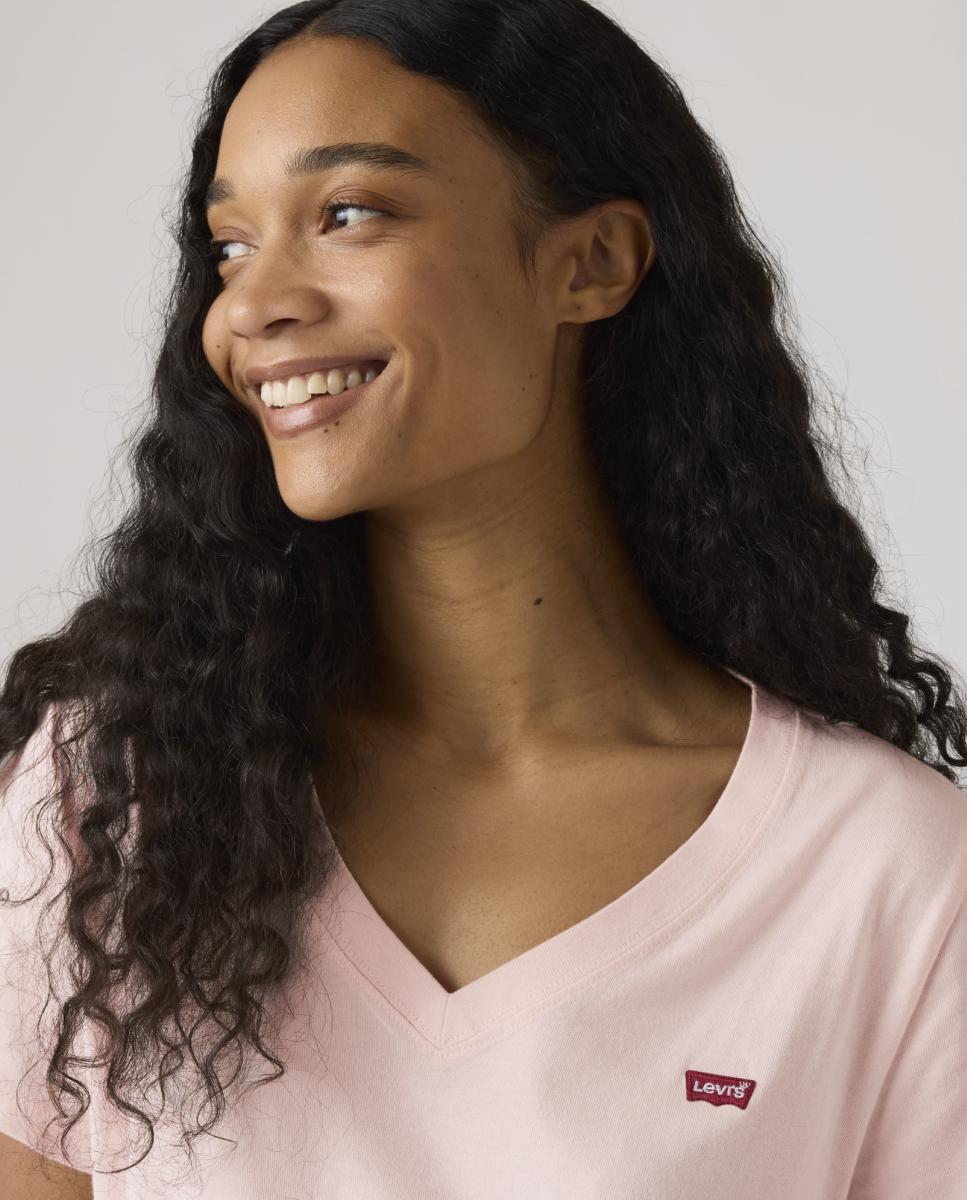 T-shirt de mulher com manga curta e decote em bico Rosa-claro-3