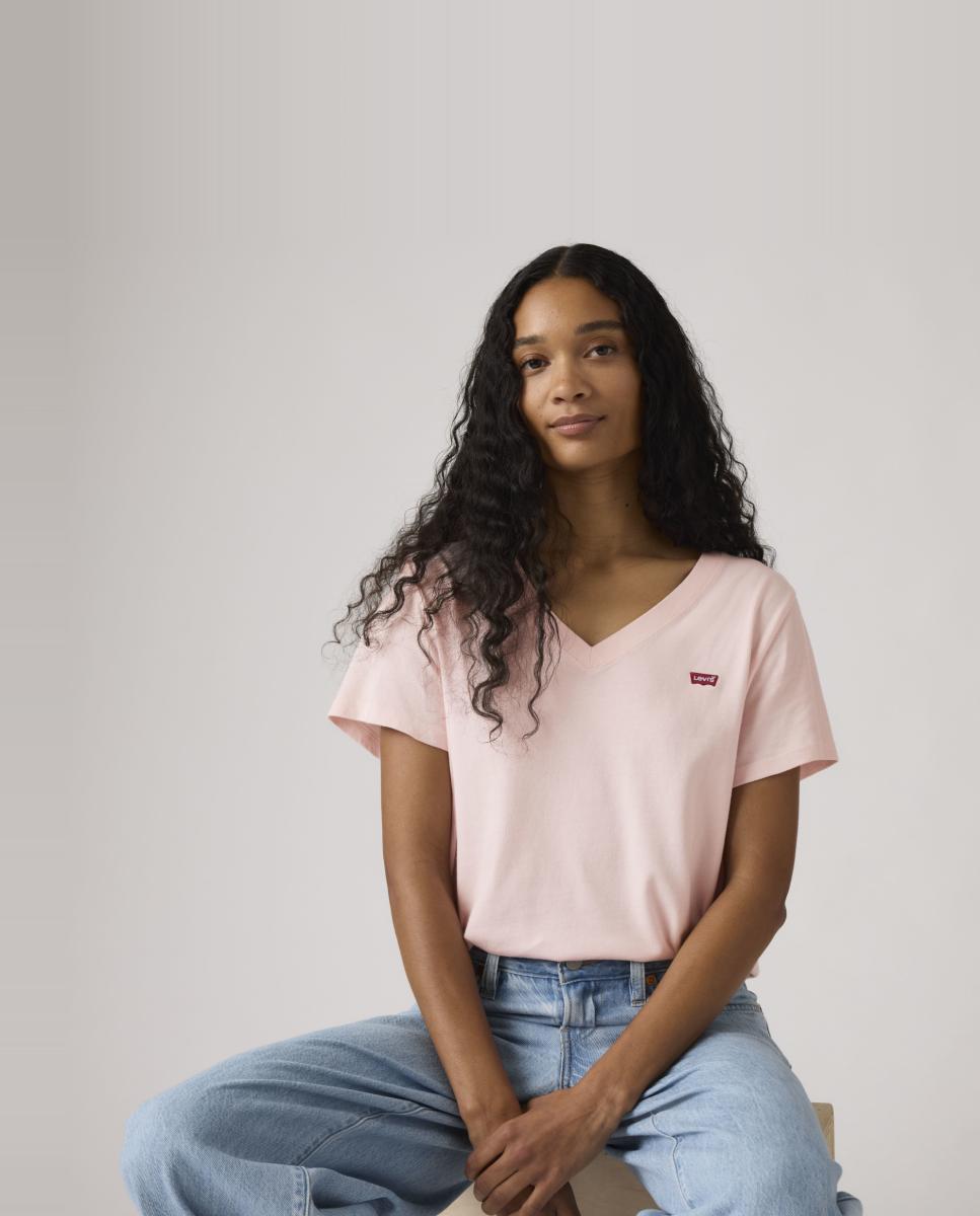 T-shirt de mulher com manga curta e decote em bico Rosa-claro-4