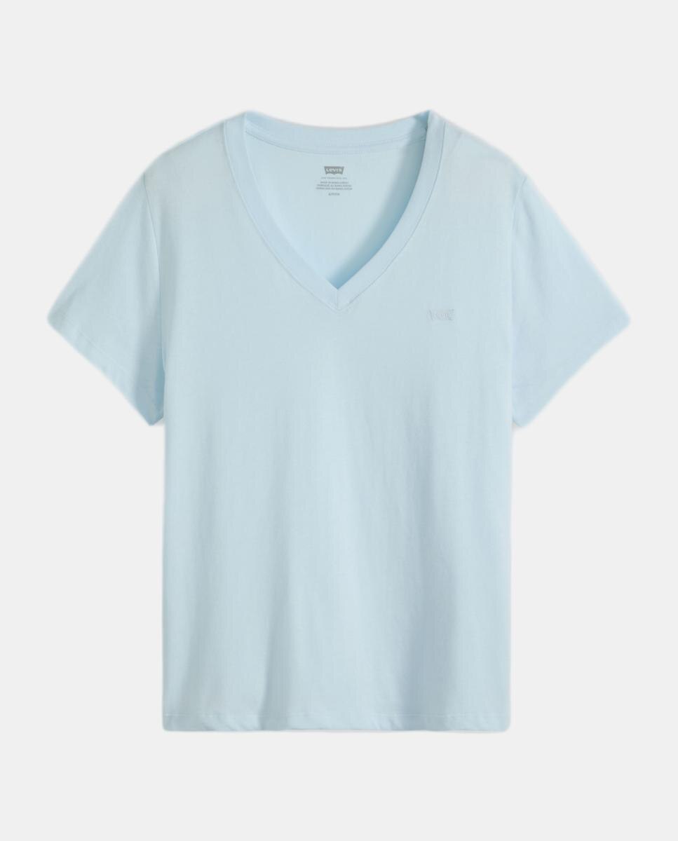 T-shirt de mulher com manga curta e decote em bico Azul-claro-5