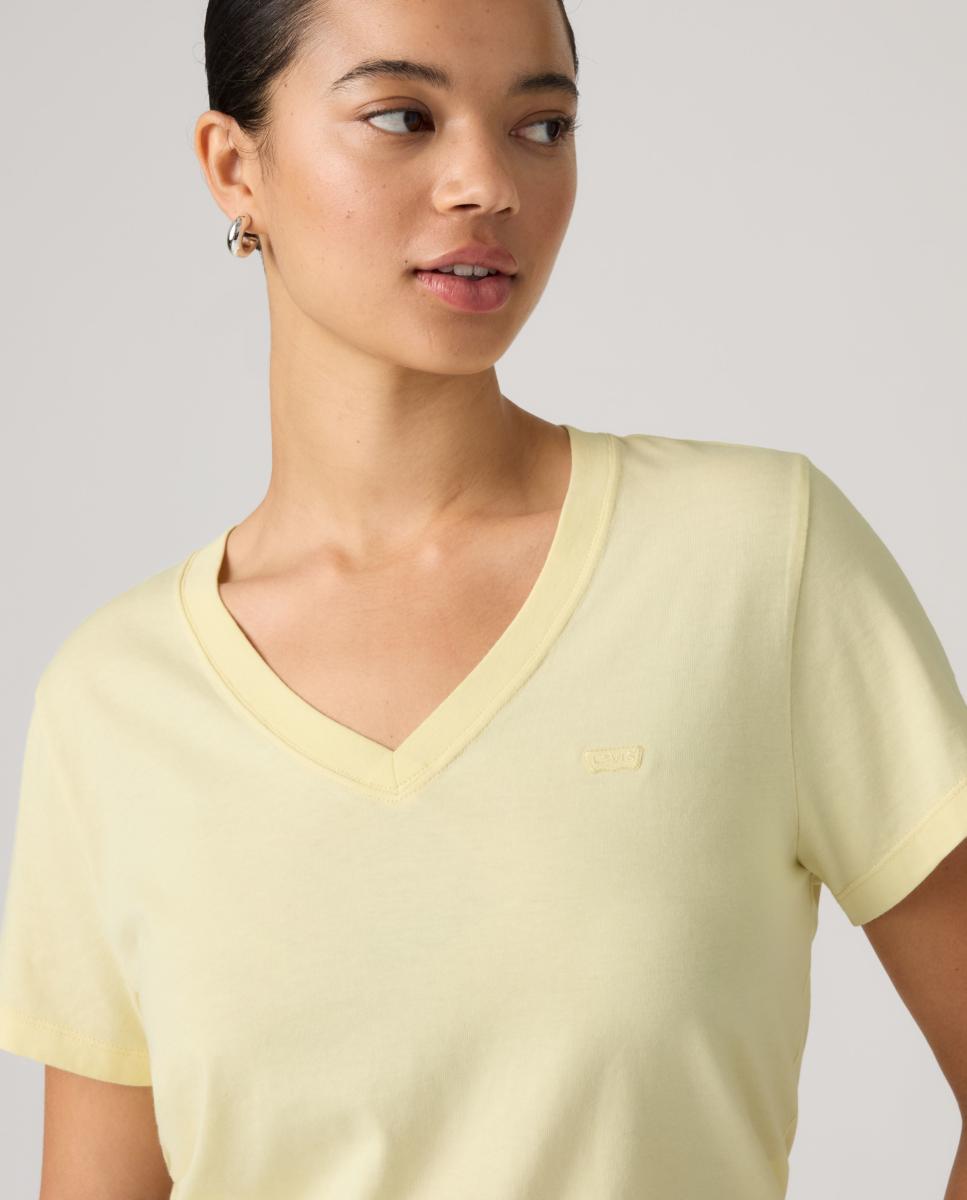 T-shirt de mulher com manga curta e decote em bico Amarelo-3