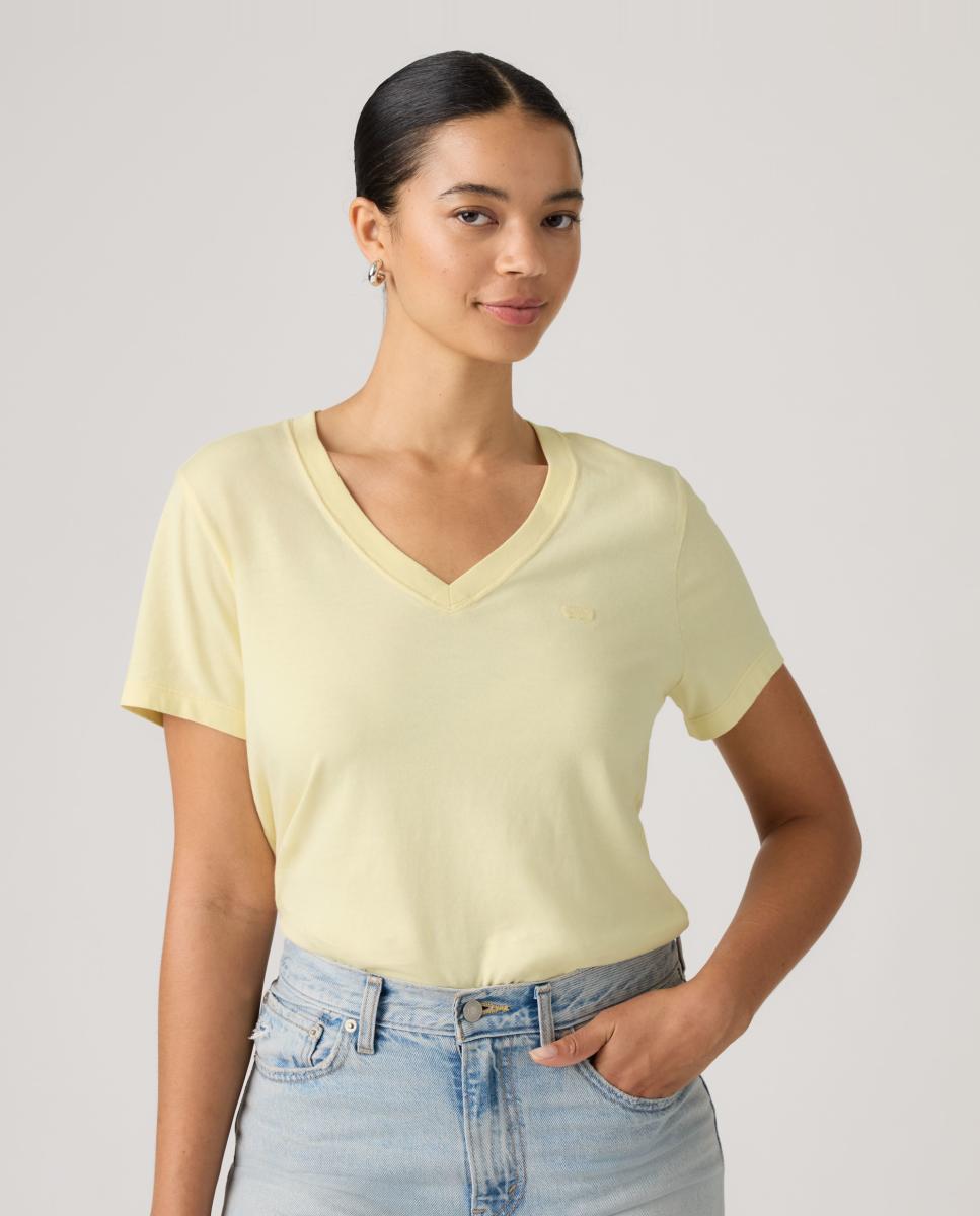 T-shirt de mulher com manga curta e decote em bico Amarelo-4