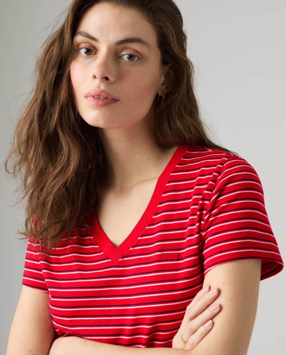 T-shirt de mulher com manga curta e decote em bico Multicolor-3